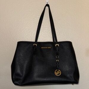 Michael Kors Black Leather Tote with Gold MK Charm